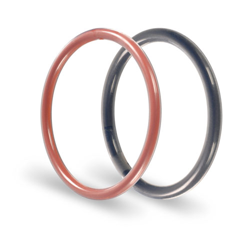Two FEP-coated O-rings from FST in red and black against a white background 