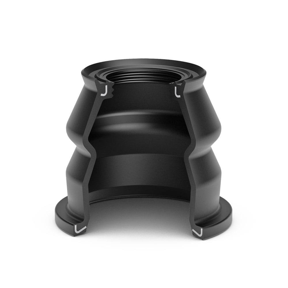 3D rendering of a cross-section of a black sealing bellows from FST 