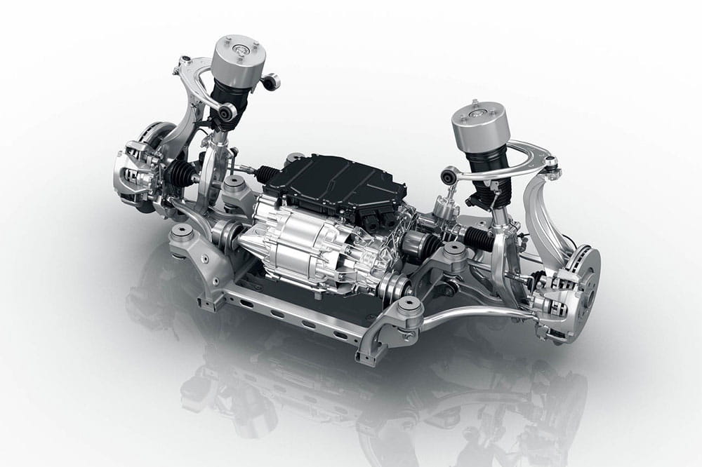 Automotive electric drivetrain assembly with independent rear suspension system, featuring electric motor, transmission gearbox, lithium-ion battery control unit, disc brakes, coilover shock absorbers, control arms, and CV axles