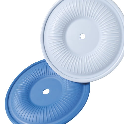 Two elastomeric diaphragms with fabric reinforcement in blue and light blue from Freudenberg Sealing Technologies against a white background 
