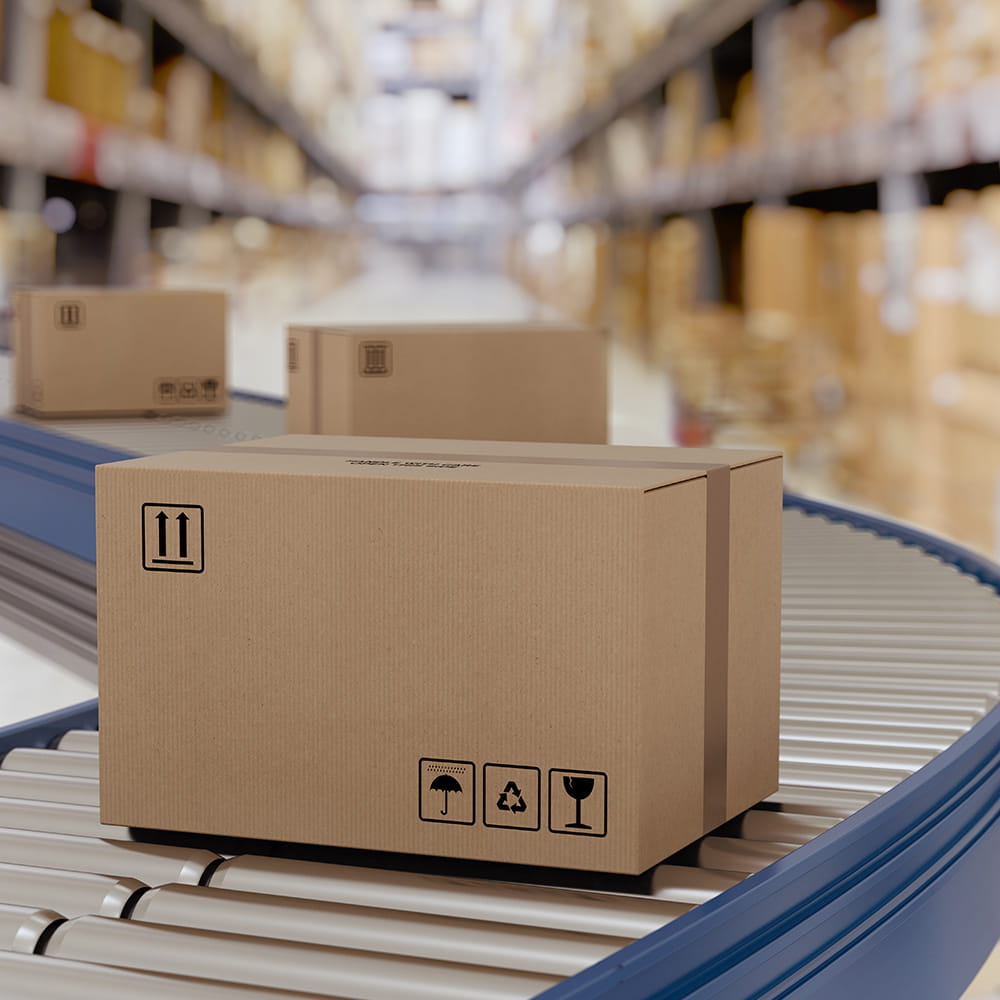 Different cardboard boxes on conveyor rollers in warehouse