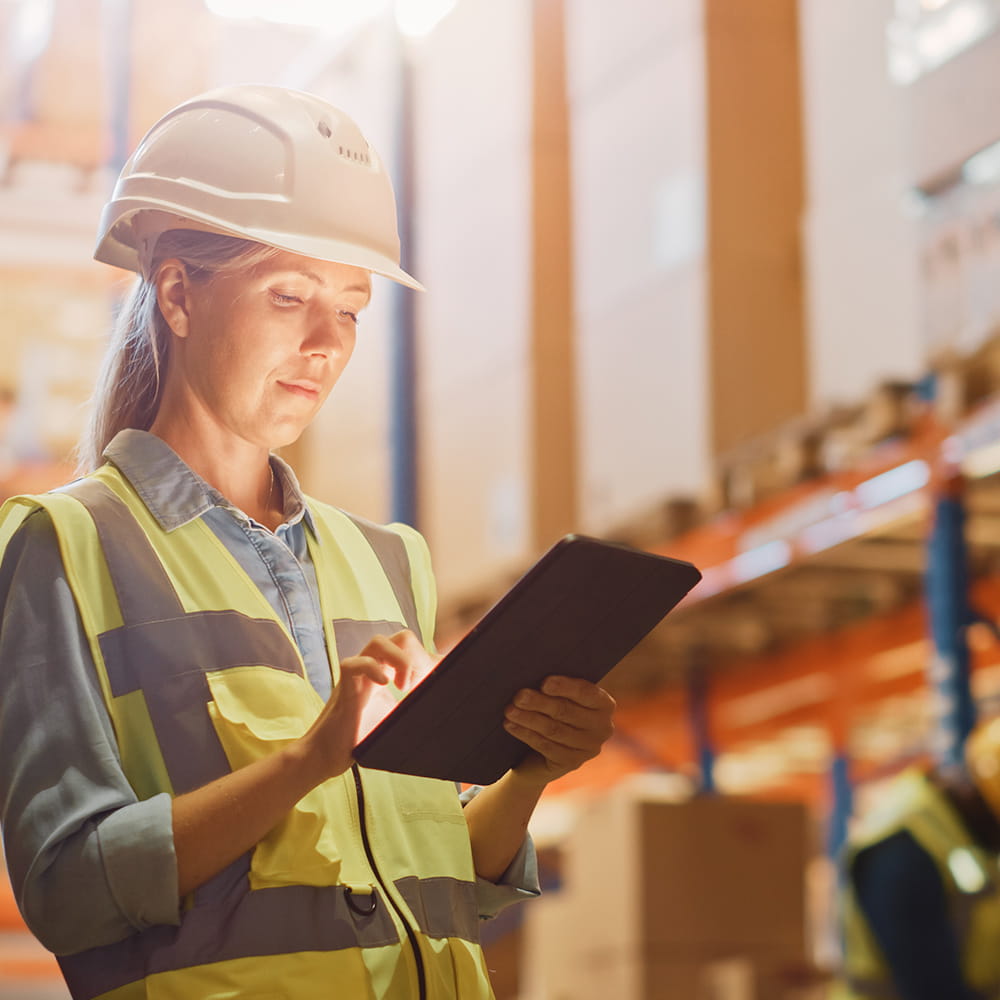 Woman with safety vest and helmet with storage shelfs in background looking at her tablet