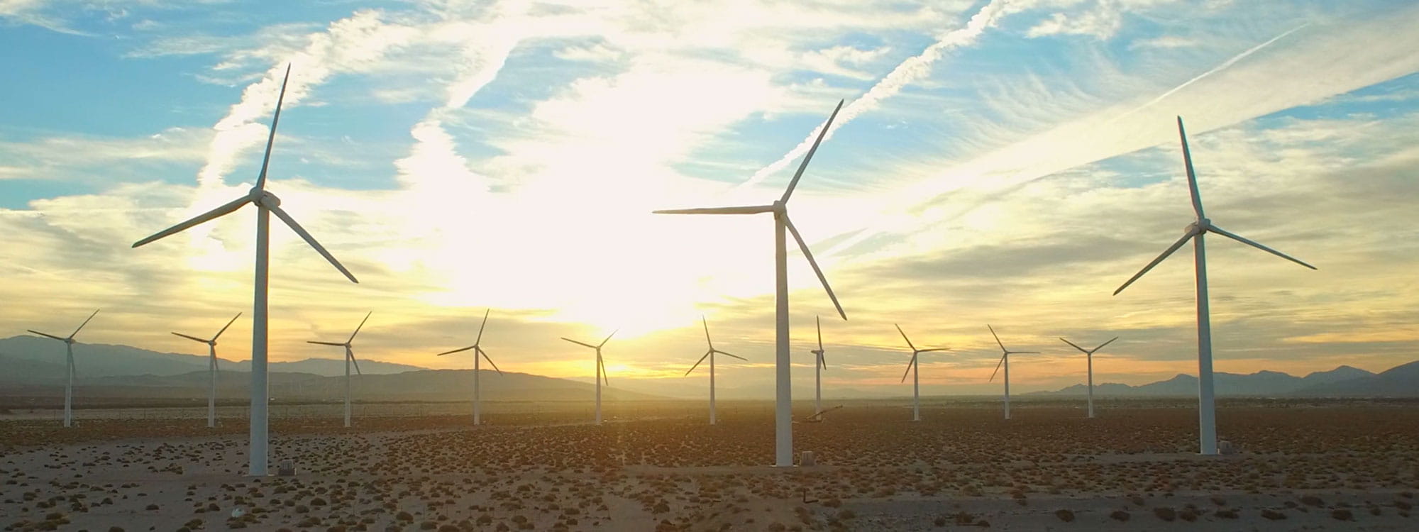 Wind turbines on the field with sunset