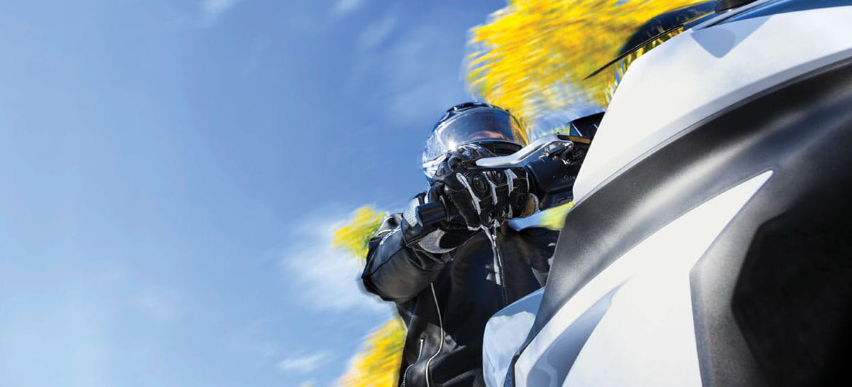 Motorcyclist in focus and yellow tree tops in background