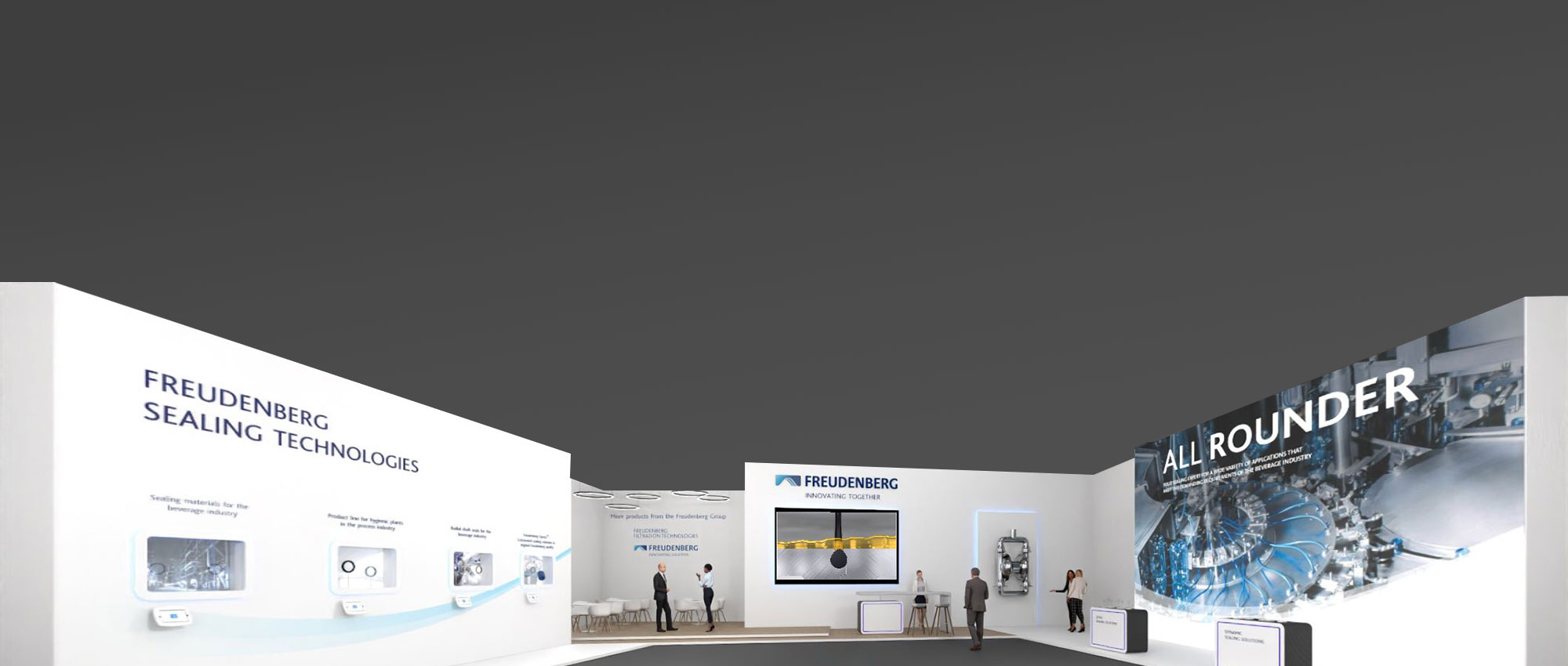 3D rendering of an FST virtual booth; on the left, a white booth wall with Freudenberg Sealing Technologies lettering and four recessed shelves containing products, and on the right, a booth wall with the words