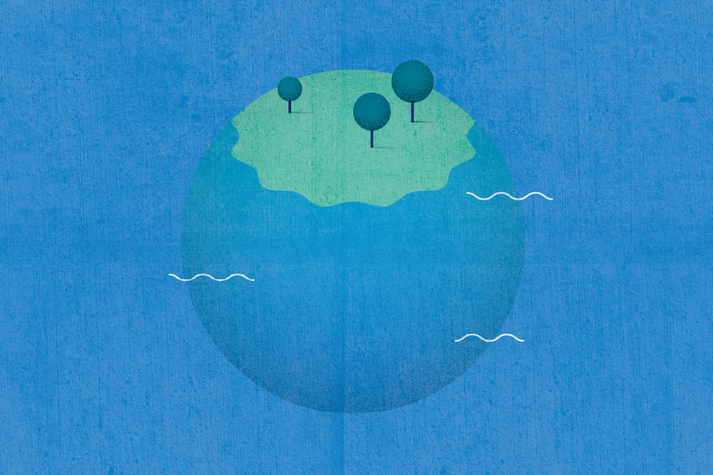 Illustration einer Erde unter Wasser mit einer keinen Insel oben.