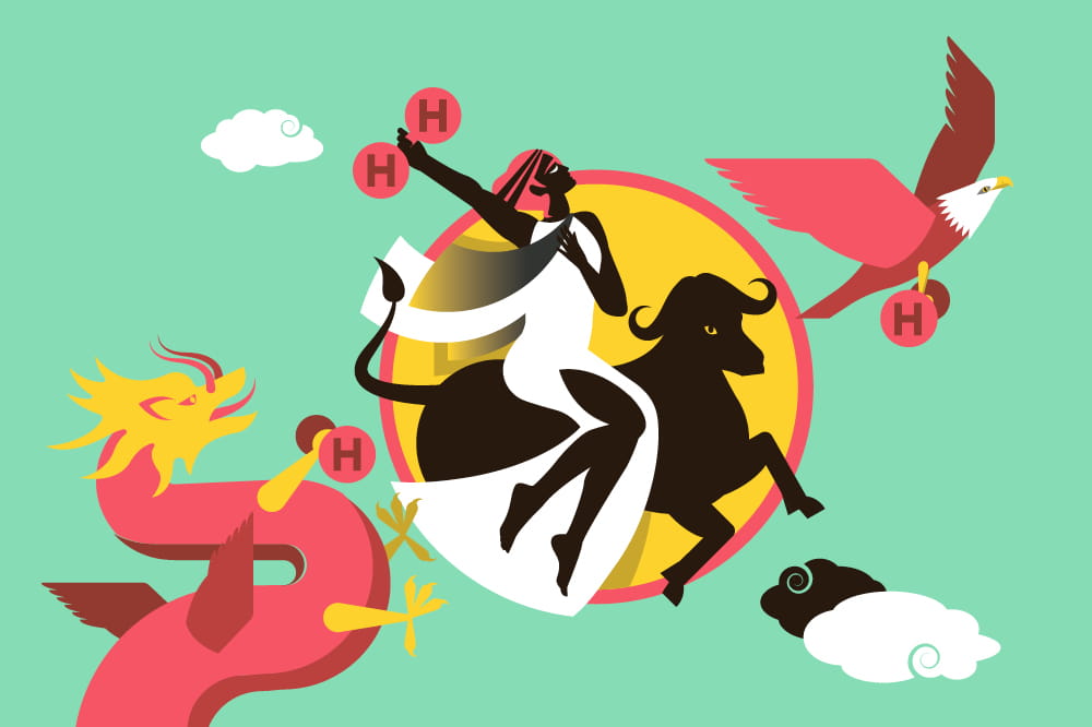 Illustration der Figur „Europa“ der griechischen Mythologie auf einem Stier reitend, einem Drachen, Adler, Wolken und Kreisen mit dem Buchstaben „H“.