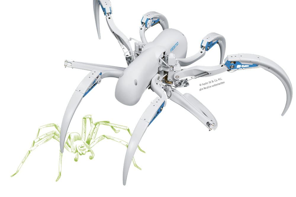 Blau-weißer Roboter in Form einer Spinne mit einer grünen Illustration einer echten Spinne im Hintergrund.