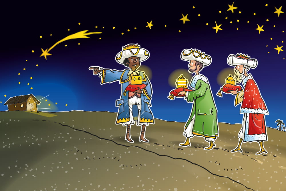 Illustration der drei Könige mit ihren Geschenken, die in einer Wüste einer Sternschnuppe am Sternenhimmel folgen, die auf ein leuchtendes Haus zeigt. 