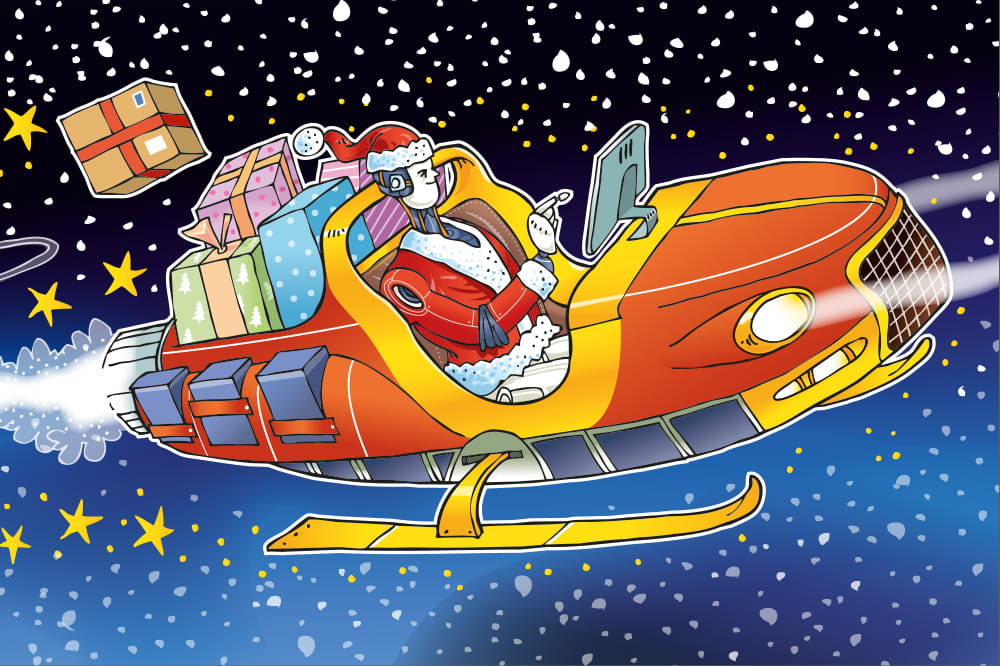 Roboter-Weihnachtsmann, der in einem modernen auto-ähnlichem Schlitten mit Geschenken durch den Sternenhimmel fährt und auf einen am Schlitten befestigtem Bildschirm klickt