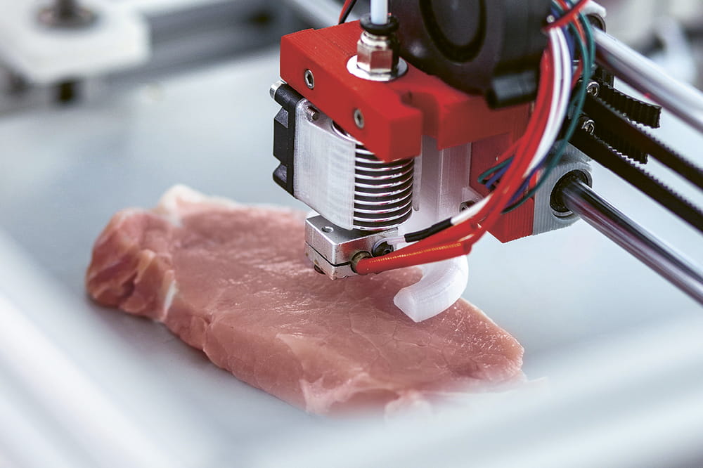 Ein 3D Drucker druckt ein Stück Fleisch.