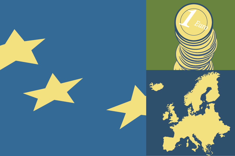 Illustration von den Sternen der europäischen Flagge, Euro-Münzen und einer Karte von Europa.
