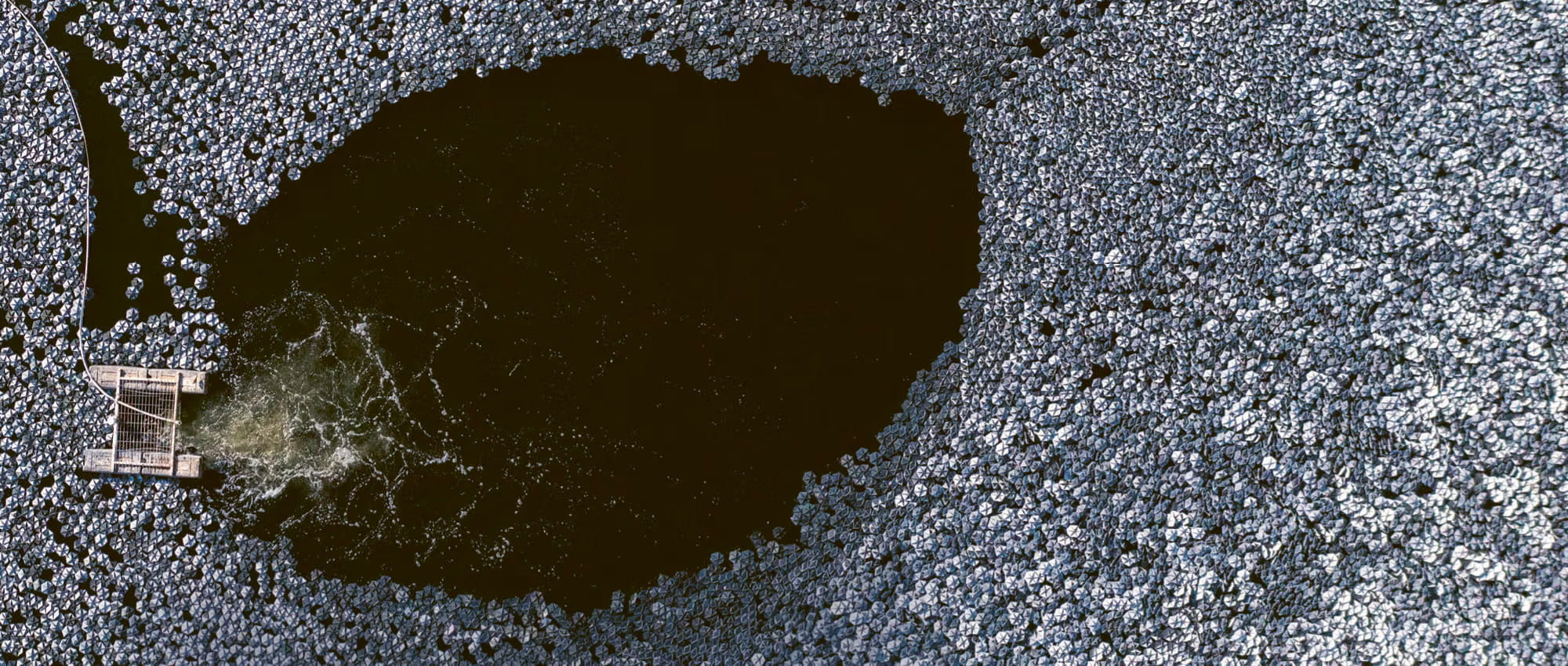 Unzählige kleine Plastikplättchen bedecken eine Wasseroberfläche. Copyright: iStock: liorpt