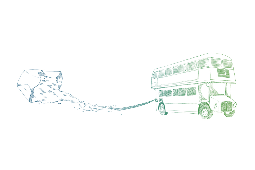 Illustrationen eines Busses aus dem Abgase in Form einer Plastiktüte kommen.