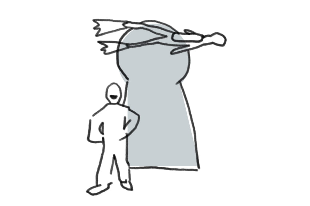 Illustration einer Person über die eine andere Person mit Schwimmflossen schwimmt.