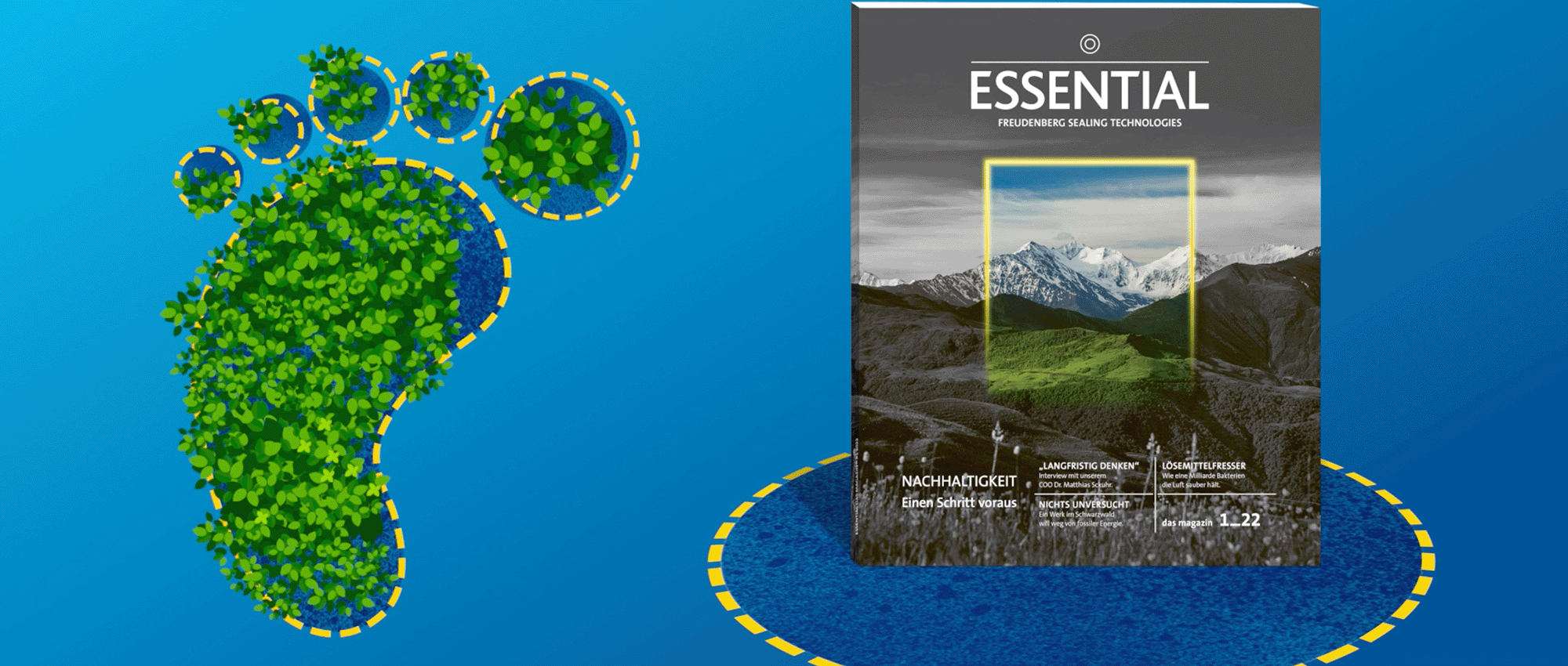 Auf der linken Seite ist eine Illustration von Pflanzen in Form eines Fußabdruckes und rechts davon steht das Essential-Magazin vor einem blauen Hintergrund.