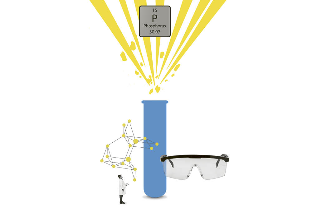 Illustration eines Reagenzglases, das explodiert mit einem Wissenschaftler in Kittel und einer Sicherheitsbrille nebendran.