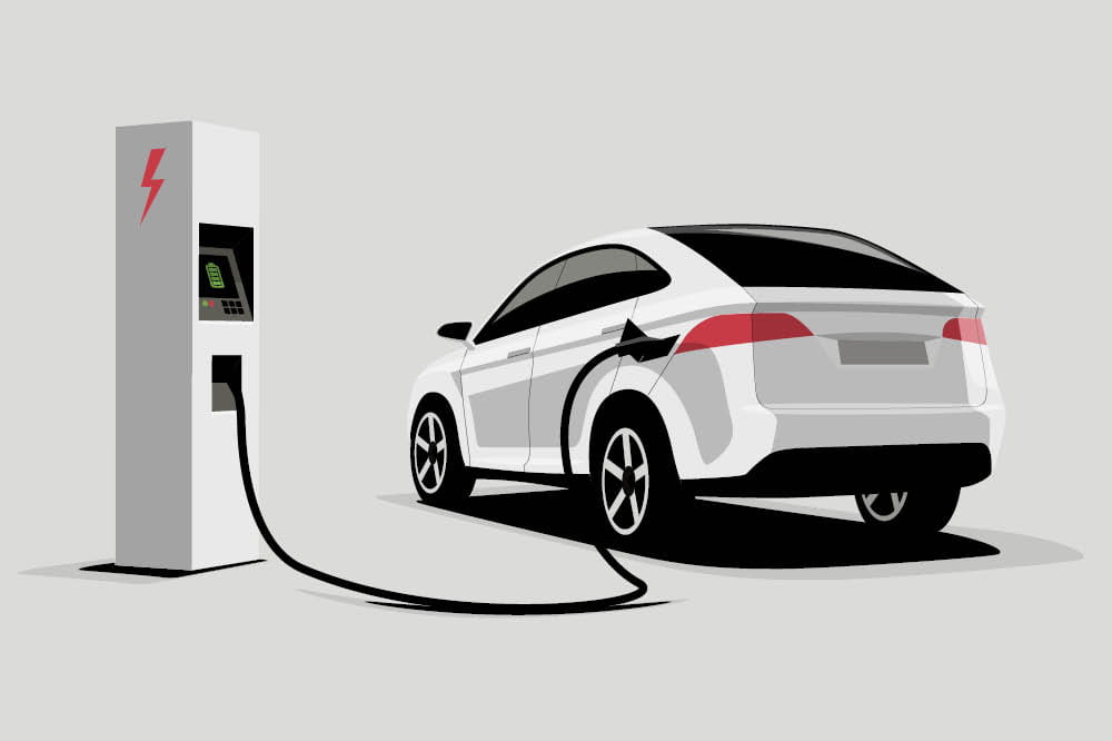 Illustration eines E-Autos an einer Ladestation. Copyright: Shutterstock/petovarga 