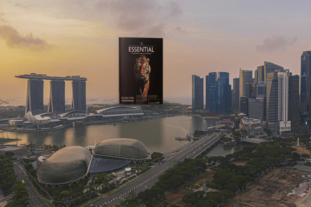 Singapur Skyline mit ESSENTIAL Magazin am Horizont