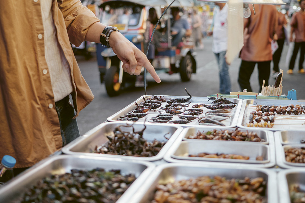 Ein Mann zeigt mit seinem Finger auf ausgestellte Insekten auf einem Markt. Copyright: iStock/staticnak1983