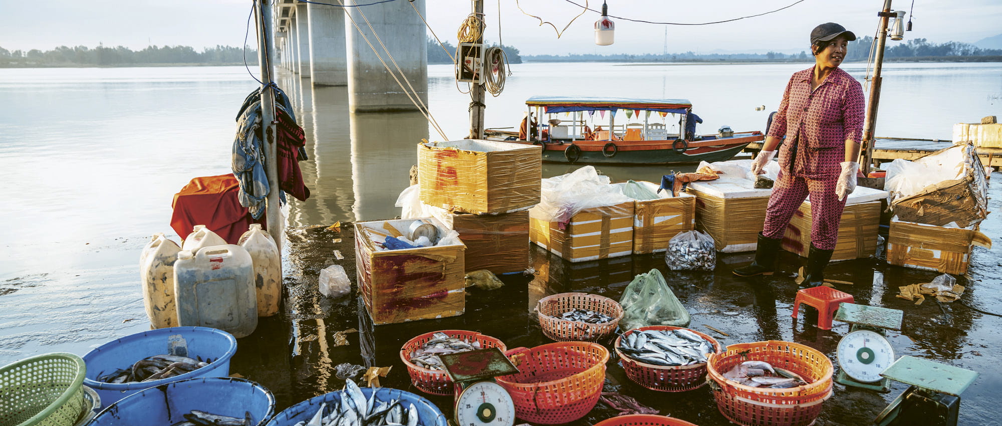 Eine Frau steht neben Eimern voller Fisch. Copyright: iStock/Nikada