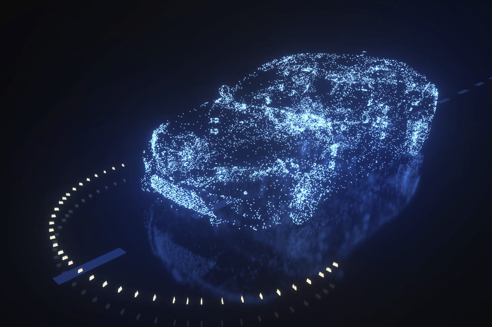 Animation eines Autos aus unzähligen kleinen Lichtern.