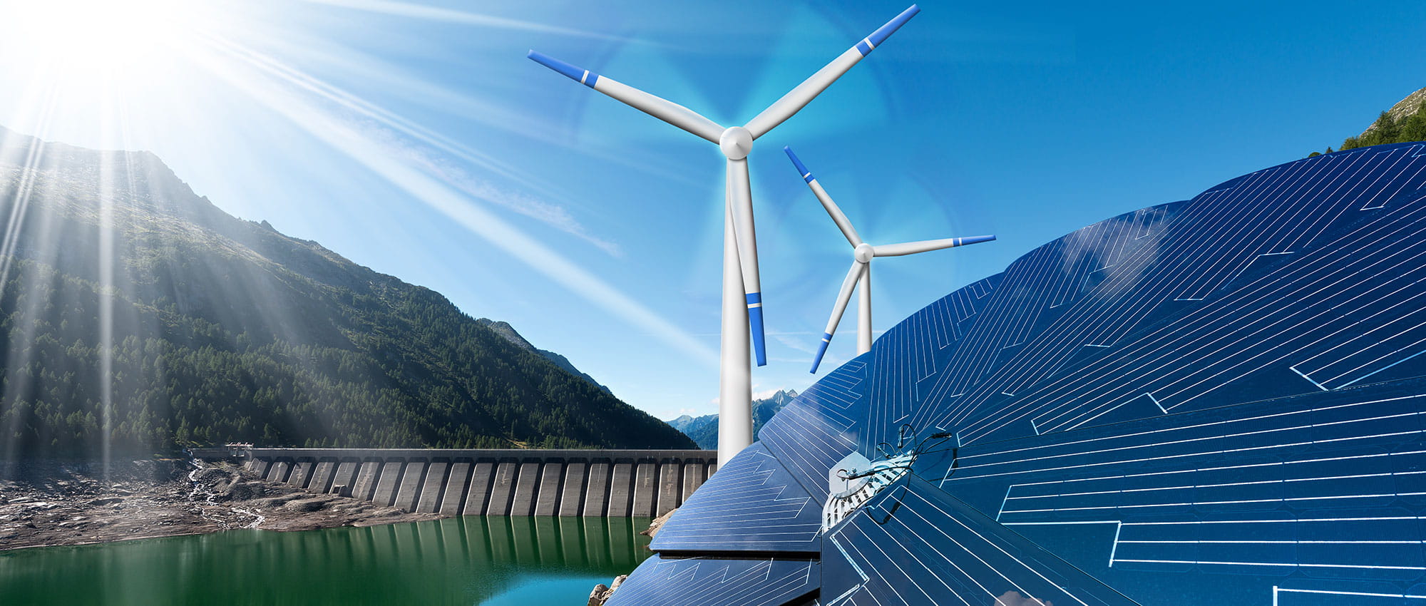 Solarpanels und Windkraftanlagen, die neben einem Wasserkraftwerk und einem Stausee unter strahlendem Sonnenschein erneuerbare Energie erzeugen