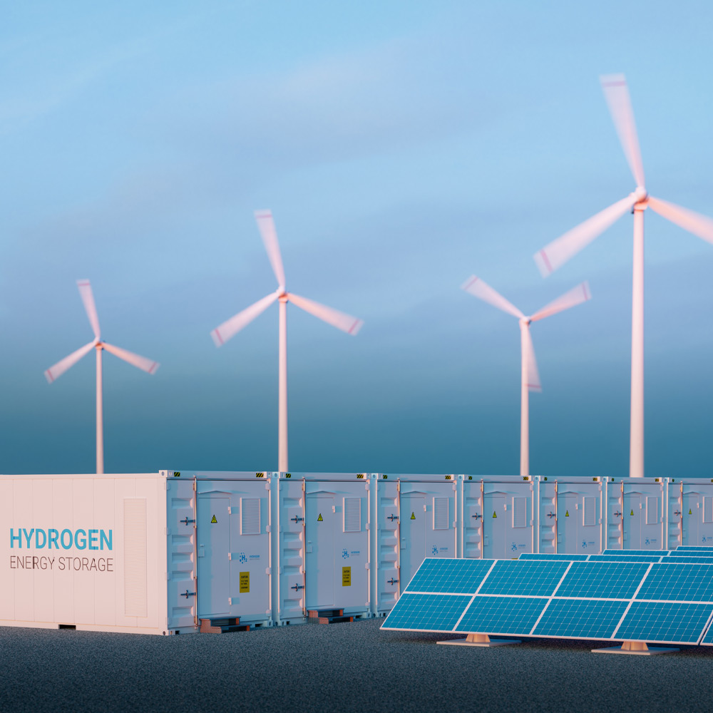 Leistungsstarke Wasserstoff-Energiespeicher mit Windrädern und Solaranlagen unter blauem Himmel