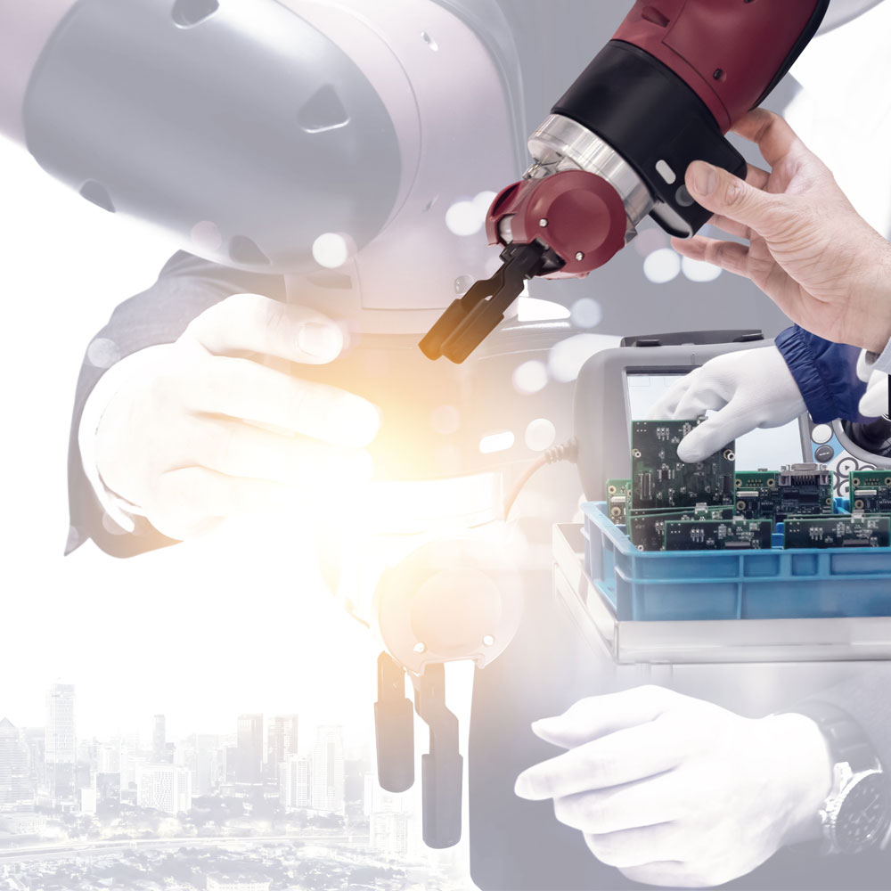 industry robot helps human with assembly
