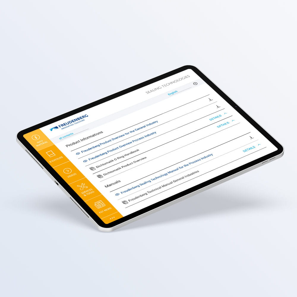 Tablet mit der FST Services App und einer Übersicht der Produktinformationsbroschüren