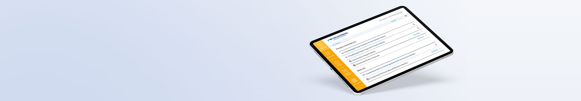 Tablet mit der FST Services App und einer Übersicht der Produktinformationsbroschüren