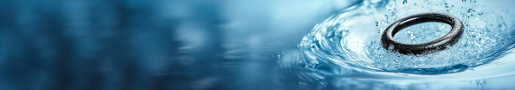 Wasseroberfläche mit einem schwarzen O-Ring, der einen Wassertropfenwurf und konzentrische Wellen erzeugt.