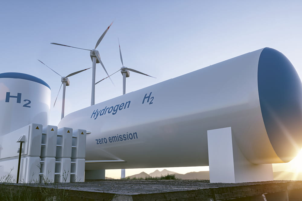 Green hydrogen and wind turbines. Copyright: Shutterstock/Audio und werbung 