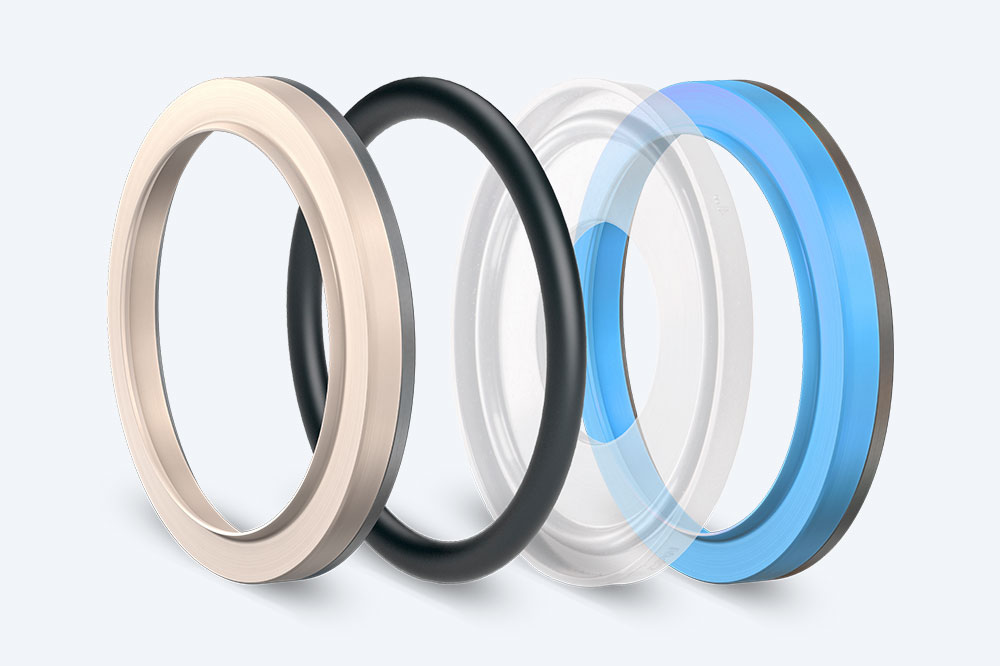 Composing of four round seals in different colors – beige, black, transparent and blue.
